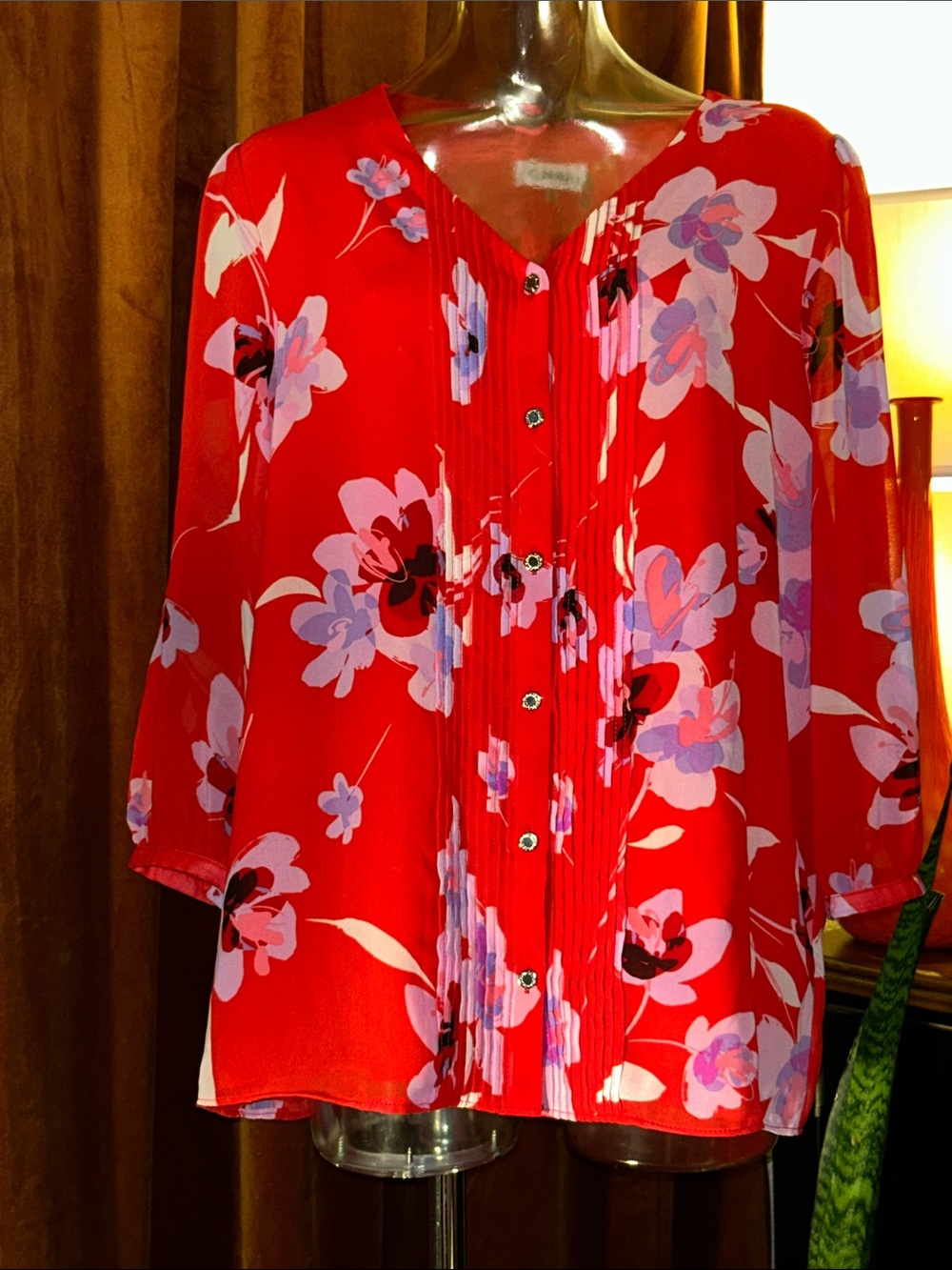 Calvin Klein Red Floral Button-Front Blouse